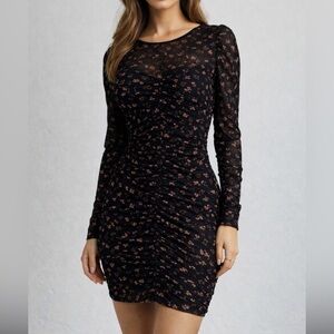 Hudson Gray Sheer Black Floral Ruched Mini Dress size Medium